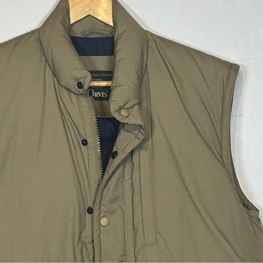Orvis Mens Goose Down Puffer‎ Vest Tan Khaki Full Zip Snap Front Medium